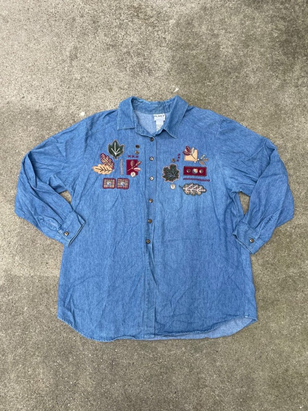 Vintage 90s Denim Shirt Embroidered Leaf Cottagecore 16W Boho 100% Cotton Baggy